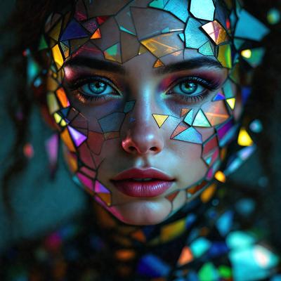 The primary subject of the image is a woman with a unique and artistic appearance. She has a face covered in colorful glass, giving her a visually striking and creative look. The setting appears to be a dark room, which adds to the dramatic and mysterious atmosphere of the scene. The visual style of the image is a combination of photo and digital art, creating a striking and memorable portrait. The colors and mood of the image are predominantly dark and moody, with the vibrant colors of the glass adding a touch of whimsy and creativity to the overall composition.